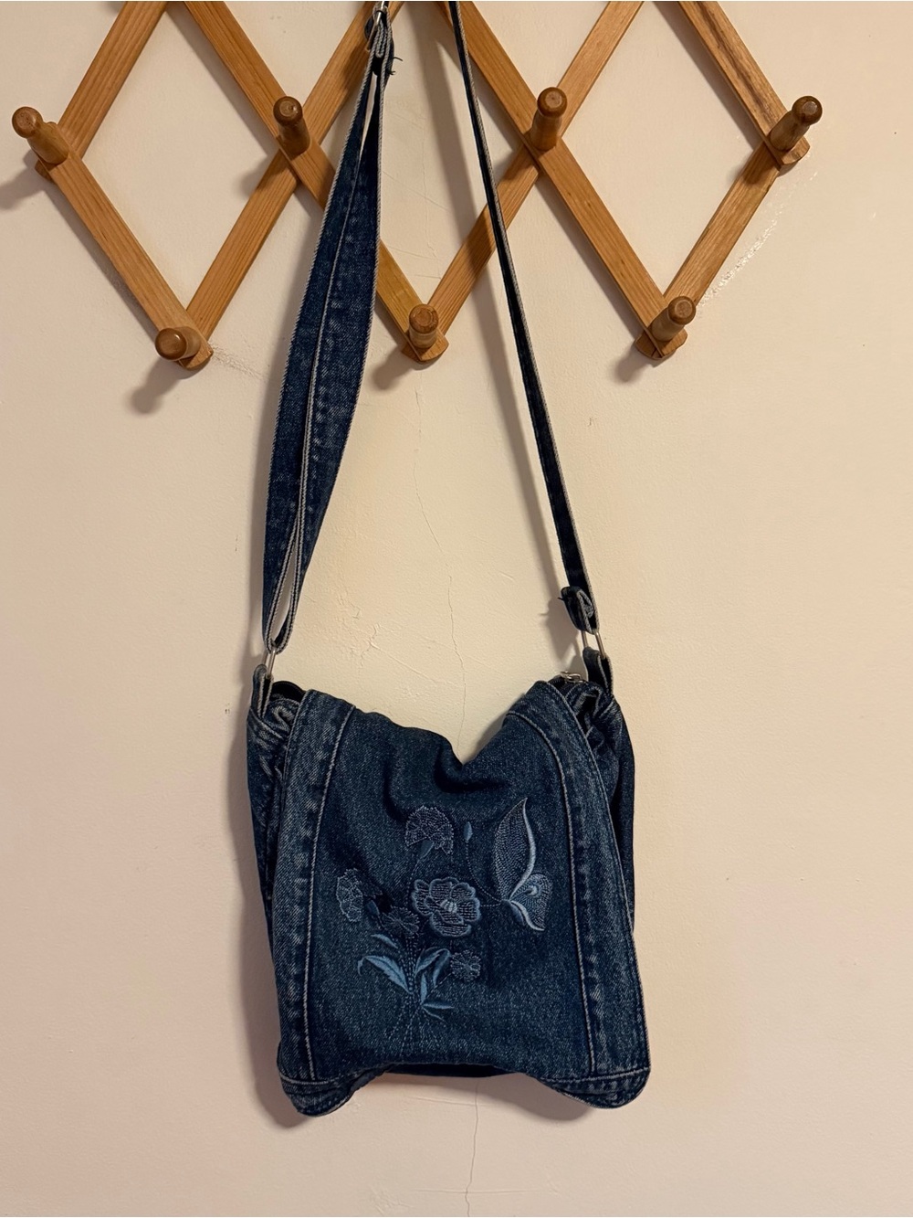Denim Crossbody Bag with Embroidered Floral Detail